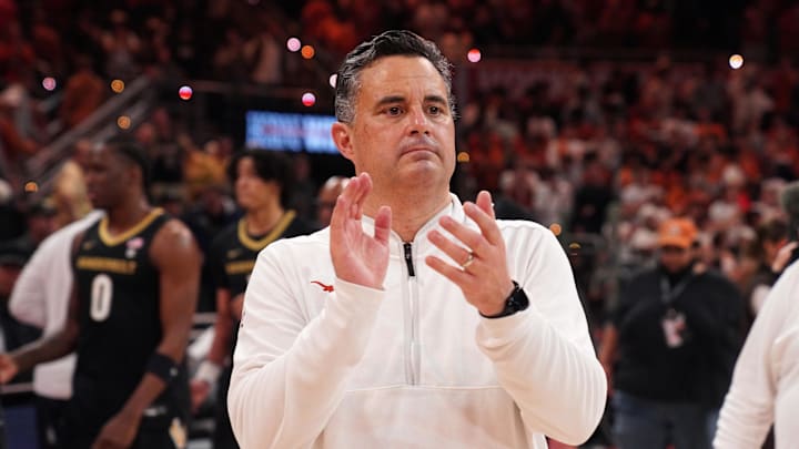 Texas Longhorns head coach Sean Miller celebrates a win against the Vanderbilt Commodores during the second half at Moody Center. 
