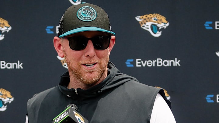 May 10, 2025; Jacksonville, FL, USA; Jacksonville Jaguars head coach Liam Coen meets with the media following rookie minicamp at Miller Electric Center. Mandatory Credit: Travis Register-Imagn Images