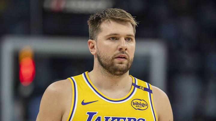 Apr 25, 2025; Minneapolis, Minnesota, USA; Los Angeles Lakers guard Luka Doncic (77) looks on against the Minnesota Timberwolves in the first half during game three of first round for the 2024 NBA Playoffs at Target Center. Mandatory Credit: Jesse Johnson-Imagn Images Apr 25, 2025; Minneapolis, Minnesota, USA; Los Angeles Lakers guard Luka Doncic (77) looks on against the Minnesota Timberwolves in the first half during game three of first round for the 2024 NBA Playoffs at Target Center. Mandatory Credit: Jesse Johnson-Imagn Images