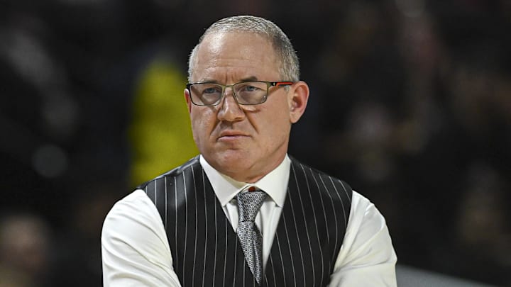 Feb 5, 2026; College Park, Maryland, USA;  Maryland Terrapins head coach Buzz Williams looks towards the court during the first half against the Ohio State Buckeyes at Xfinity Center. Mandatory Credit: Tommy Gilligan-Imagn Images