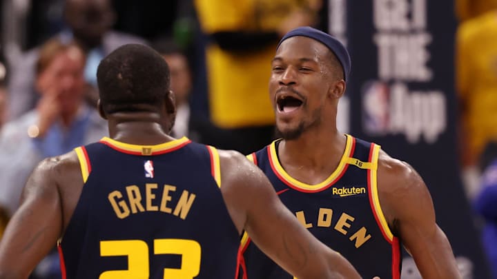 Apr 28, 2025; San Francisco, California, USA; Golden State Warriors forward Draymond Green (23) celebrates with forward Jimmy Butler III (10) after a play against the Houston Rockets during the fourth quarter of game four of the 2025 NBA Playoffs first round at Chase Center. Mandatory Credit: Kelley L Cox-Imagn Images Apr 28, 2025; San Francisco, California, USA; Golden State Warriors forward Draymond Green (23) celebrates with forward Jimmy Butler III (10) after a play against the Houston Rockets during the fourth quarter of game four of the 2025 NBA Playoffs first round at Chase Center. Mandatory Credit: Kelley L Cox-Imagn Images