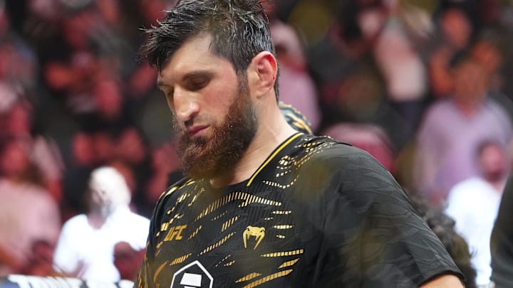 Oct 4, 2025; Las Vegas, Nevada, UNITED STATES; Magomed Ankalaev (red gloves)  reacts after the fight against Alex Pereira (blue gloves) during UFC 320 at T-Mobile Arena. Mandatory Credit: Stephen R. Sylvanie-Imagn Images
