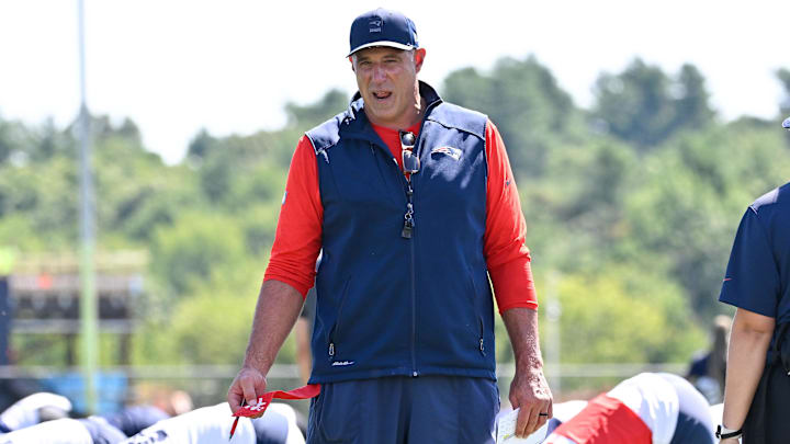 Jul 23, 2025; Foxborough, MA, USA; New England Patriots head coach Mike Vrabel watches over players during training camp at Gillette Stadium. Mandatory Credit: Eric Canha-Imagn Images
