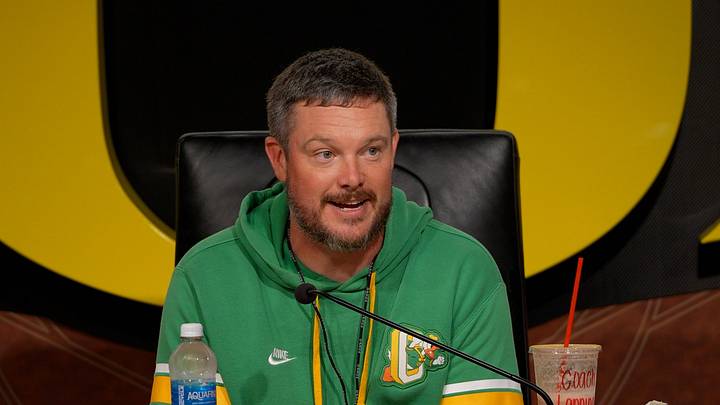 Oregon football coach Dan Lanning speaks during a press availability on Aug. 26, 2026, at the Hatfield-Dowlin Complex in Eugene.