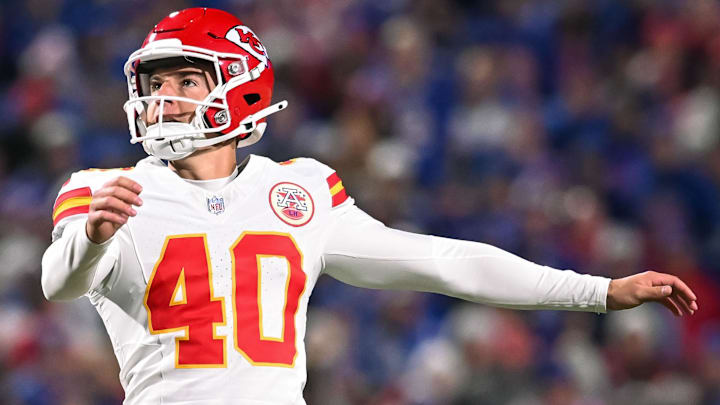 Former Kansas City Chiefs kicker Spencer Shrader (40) looks to the uprights, making an extra point with punter Matt Araiza (14) in the fourth quarter against the Buffalo Bills at Highmark Stadium.
