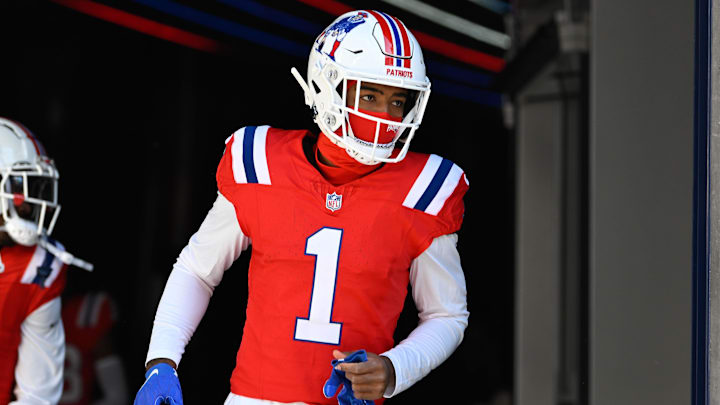 Dec 1, 2024; Foxborough, Massachusetts, USA; New England Patriots wide receiver Ja'Lynn Polk (1) walks out of the player's tunnel before a game against the Indianapolis Colts at Gillette Stadium. Mandatory Credit: Eric Canha-Imagn Images