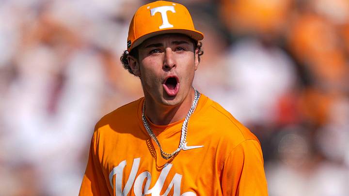 Tennessee pitcher Tegan Kuhns (21) yells in excitement after a strikeout during a NCAA baseball game between Tennessee and Ole Miss at Lindsey Nelson Stadium on April 18, 2026.