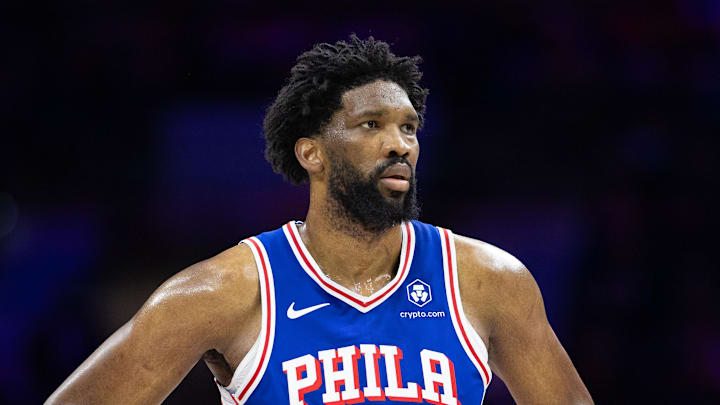 Feb 20, 2025; Philadelphia, Pennsylvania, USA; Philadelphia 76ers center Joel Embiid (21) looks on during the third quarter against the Boston Celtics at Wells Fargo Center. Mandatory Credit: Bill Streicher-Imagn Images