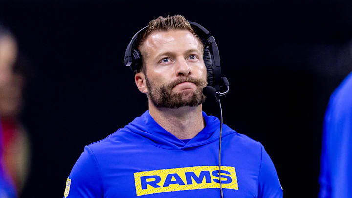 Dec 1, 2024; New Orleans, Louisiana, USA;  Los Angeles Rams head coach Sean McVay looks on against the New Orleans Saints during the second half at Caesars Superdome. Mandatory Credit: Stephen Lew-Imagn Images