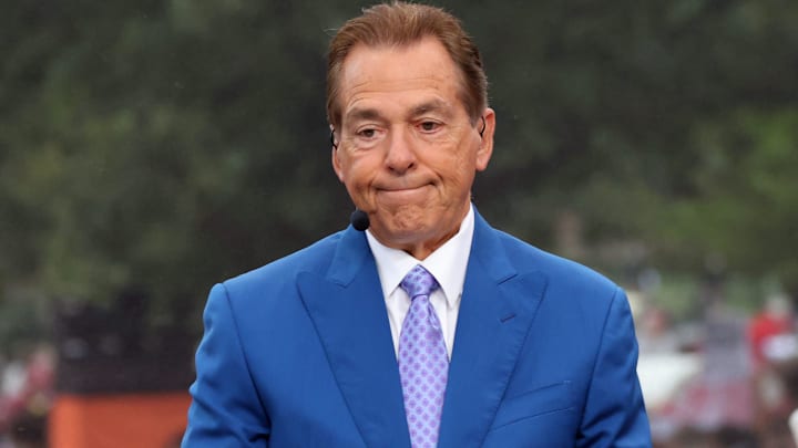 Nick Saban is on stage at ESPN College GameDay ahead of the University of Oklahoma-Michigan College football game on Sep 6, 2025 in Norman.