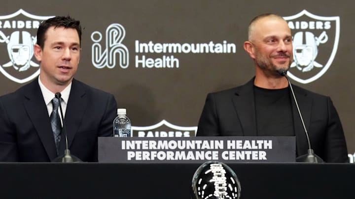 Feb 10, 2026; Henderson, NV, USA; Las Vegas Raiders coach Klint Kubiak (left) and general manager John Spytek at introductory press conference at Intermountain Health Performance Center. Mandatory Credit: Kirby Lee-Imagn Images