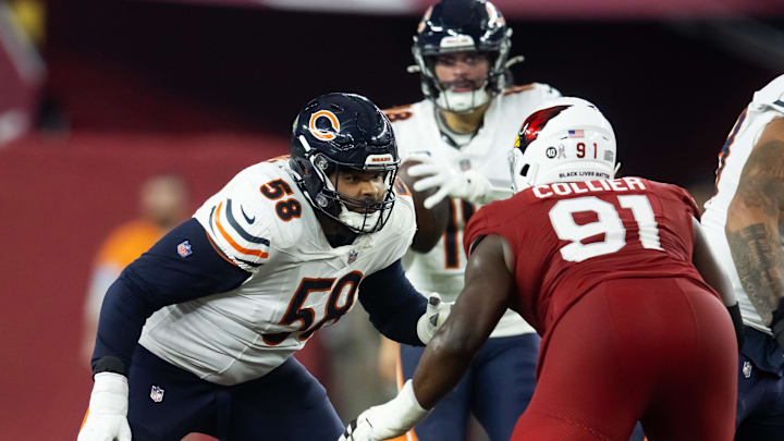 Darnell Wright blocks for Caleb Williams on a throw against Arizona. Wright is a key for the plans of new Bears coach Ben Johnson.