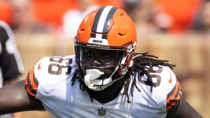 Aug 22, 2021; Cleveland, Ohio, USA; Cleveland Browns offensive tackle James Hudson (66) blocks against the New York Giants during the second quarter at FirstEnergy Stadium. Mandatory Credit: Scott Galvin-Imagn Images