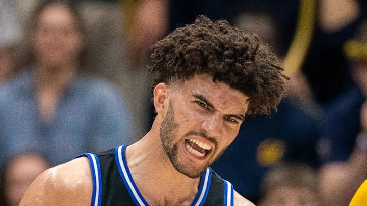 Jan 14, 2026; Berkeley, California, USA; Duke Blue Devils forward Cameron Boozer (12) celebrates after dunking the basketball against the California Golden Bears during the second half at Haas Pavilion. Mandatory Credit: Neville E. Guard-Imagn Images