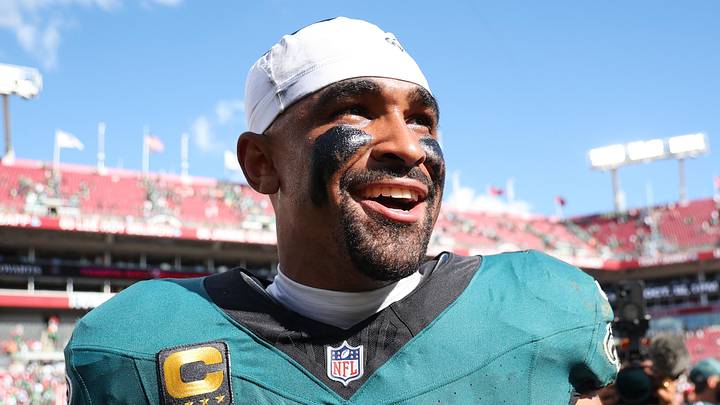 Philadelphia Eagles quarterback Jalen Hurts is all smiles after beating the Tampa Bay Buccaneers on Sunday. Philadelphia Eagles quarterback Jalen Hurts is all smiles after beating the Tampa Bay Buccaneers on Sunday.