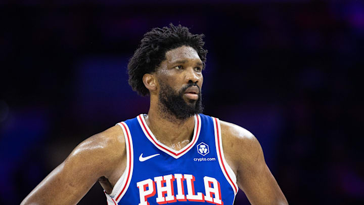 Feb 20, 2025; Philadelphia, Pennsylvania, USA; Philadelphia 76ers center Joel Embiid (21) looks on during the third quarter against the Boston Celtics at Wells Fargo Center. Mandatory Credit: Bill Streicher-Imagn Images