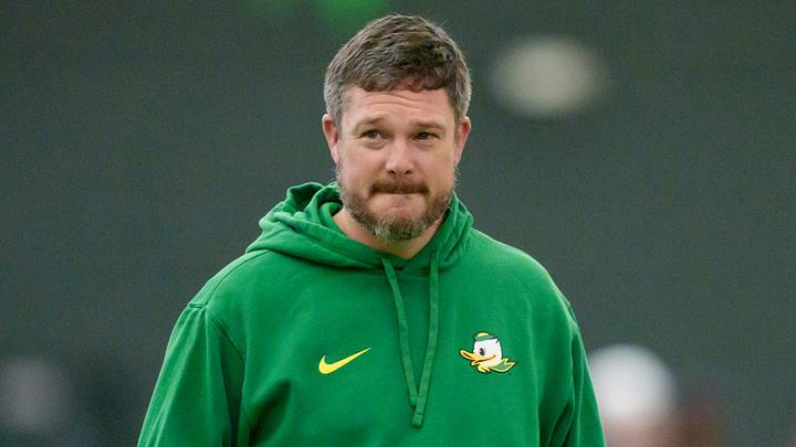 Oregon head coach Dan Lanning attends Oregon Pro Day on March 17, 2026, at the Moshofsky Center in Eugene, Oregon.