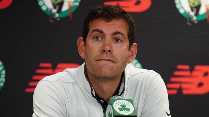 Oct 2, 2023; Boston, Celtics, USA; Boston Celtics president of basketball operations Brad Stevens talks during Boston Celtics Media Day. Mandatory Credit: David Butler II-Imagn Images