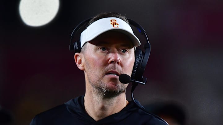 Nov 7, 2025; Los Angeles, California, USA; Southern California Trojans head coach Lincoln Riley watches game action against the Northwestern Wildcats during the second half at the Los Angeles Memorial Coliseum. Mandatory Credit: Gary A. Vasquez-Imagn Images