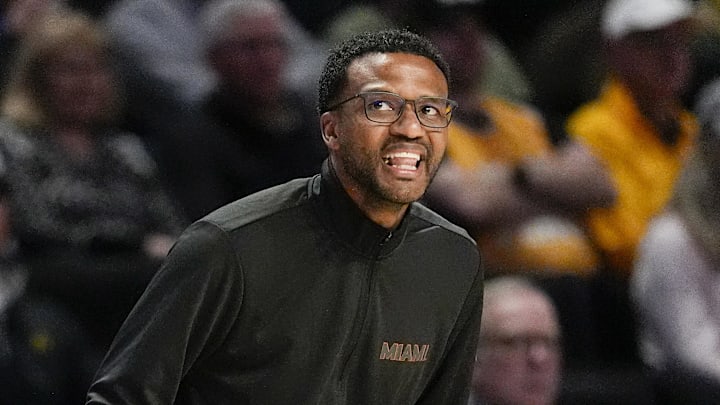 Jan 7, 2026; Winston-Salem, North Carolina, USA; Miami (FL) Hurricanes head coach Jai Lucas during the first half against the Wake Forest Demon Deacons at Lawrence Joel Veterans Memorial Coliseum. Mandatory Credit: Jim Dedmon-Imagn Images