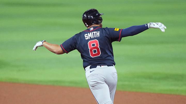 May 20, 2026; Miami, Florida, USA;  Atlanta Braves designated hitter Dominic Smith (8) rounds the bases after hitting a three-run home run in the sixth inning against the Miami Marlins at loanDepot Park. Mandatory Credit: Jim Rassol-Imagn Images
