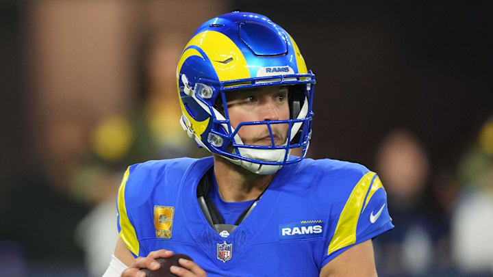 Nov 11, 2024; Inglewood, California, USA; Los Angeles Rams quarterback Matthew Stafford (9) throws the ball against the Miami Dolphins in the second half at SoFi Stadium. Mandatory Credit: Kirby Lee-Imagn Images