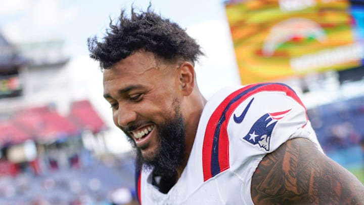 New England Patriots linebacker Harold Landry III (2) heads to the locker room after the victory over the Tennessee Titans at Nissan Stadium in Nashville, Tenn., Sunday, Oct. 19, 2025.
