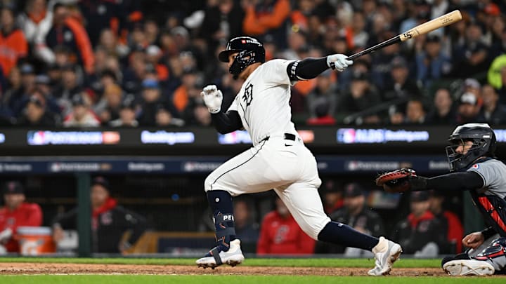 Detroit Tigers outfielder Wenceel Perez singles in the eighth inning against the Cleveland Guardians at Comerica Park.