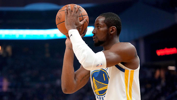Dec 2, 2025; San Francisco, California, USA; Golden State Warriors forward Jonathan Kuminga (1) shoots the ball against the Oklahoma City Thunder in the first quarter at the Chase Center. Mandatory Credit: Cary Edmondson-Imagn Images