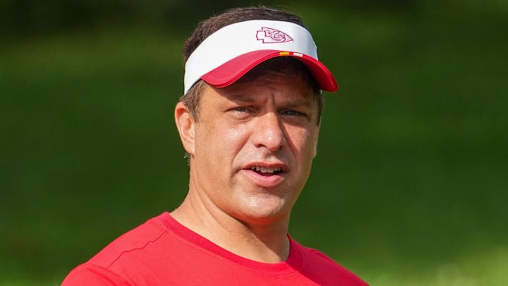 Jul 22, 2025; St. Joseph, MO, USA; Kansas City Chiefs general manager Brett Veach walks down the hill to the fields during training camp at Missouri Western State University. Mandatory Credit: Denny Medley-Imagn Images
