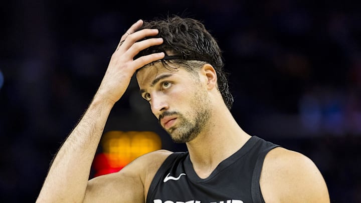 Oct 8, 2025; San Francisco, California, USA;  Portland Trail Blazers forward Deni Avdija (8) reacts during the second quarter against the Golden State Warriors at Chase Center. Mandatory Credit: John Hefti-Imagn Images