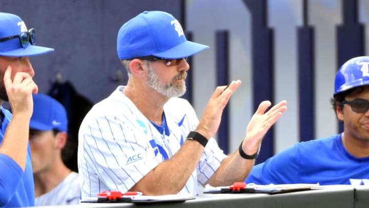 Jun 7, 2025; Durham, NC, USA;  Duke Blue Devils head coach Chris Pollard reacts to the Blue Devils' play against the Murray State Racers in the second inning. 