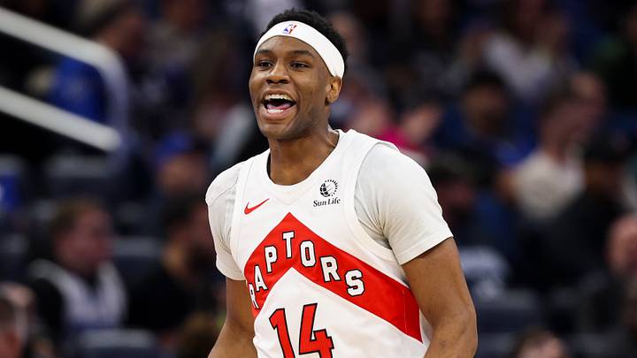 Jan 30, 2026; Orlando, Florida, USA; Toronto Raptors guard Ja'kobe Walter (14) reacts after a basket against the Orlando Magic in the second quarter at Kia Center. Mandatory Credit: Nathan Ray Seebeck-Imagn Images