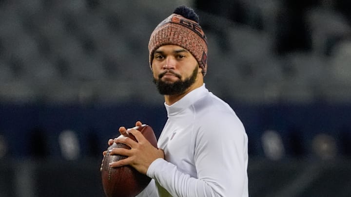 Jan 10, 2026; Chicago, IL, USA; Chicago Bears quarterback Caleb Williams (18) warms up prior to an NFC Wild Card Round game against the Green Bay Packers at Soldier Field. Mandatory Credit: David Banks-Imagn Images