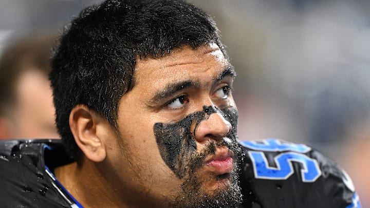Detroit Lions tackle Penei Sewell (58) looks on during warm ups prior to the game against the New York Giants 