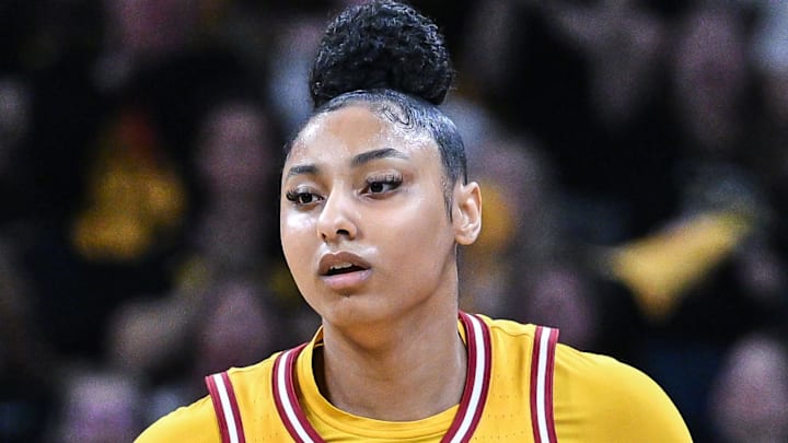 Feb 2, 2025; Iowa City, Iowa, USA; USC Trojans guard JuJu Watkins (12) in action during the game against the Iowa Hawkeyes at Carver-Hawkeye Arena. Mandatory Credit: Jeffrey Becker-Imagn Images