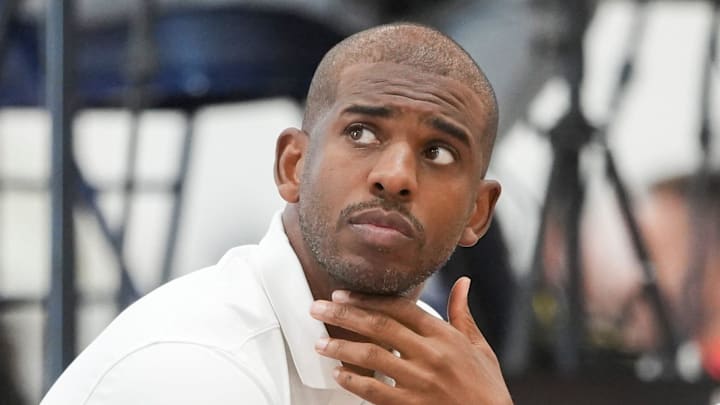 NBA player Chris Paul looks on as Team CP3 plays a game against Nightrydas at Nike EYBL at the Memphis Sports & Events Center on Saturday, May 17, 2025.