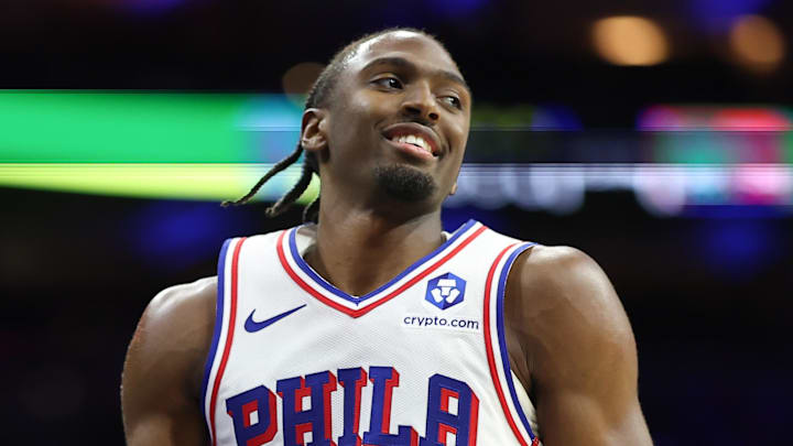 Oct 17, 2025; Philadelphia, Pennsylvania, USA; Philadelphia 76ers guard Tyrese Maxey (0) reacts to his three pointer against the Minnesota Timberwolves during the third quarter at Xfinity Mobile Arena. Mandatory Credit: Bill Streicher-Imagn Images Oct 17, 2025; Philadelphia, Pennsylvania, USA; Philadelphia 76ers guard Tyrese Maxey (0) reacts to his three pointer against the Minnesota Timberwolves during the third quarter at Xfinity Mobile Arena. Mandatory Credit: Bill Streicher-Imagn Images