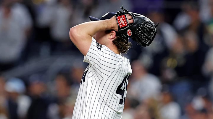 Oct 30, 2024; New York, New York, USA; New York Yankees pitcher Gerrit Cole (45) reacts during the sixth inning against the Los Angeles Dodgers in game four of the 2024 MLB World Series at Yankee Stadium. 