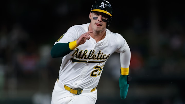 Athletics designated hitter Brent Rooker (25) advances to third base during the first inning against the Kansas City Royals at Sutter Health Park.