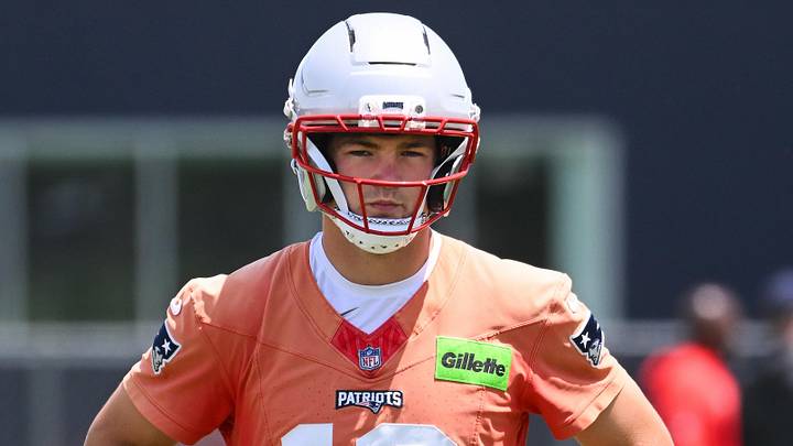 Jun 2, 2026; Foxborough, MA, USA; New England Patriots quarterback Drake Maye (10) looks on during the team's OTA at Gillette Stadium. Mandatory Credit: Eric Canha-Imagn Images