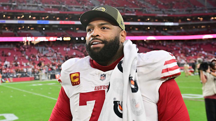 Nov 16, 2025; Glendale, Arizona, USA; San Francisco 49ers tackle Trent Williams (71) looks on after the game against the Arizona Cardinals at State Farm Stadium. Mandatory Credit: Matt Kartozian-Imagn Images Nov 16, 2025; Glendale, Arizona, USA; San Francisco 49ers tackle Trent Williams (71) looks on after the game against the Arizona Cardinals at State Farm Stadium. Mandatory Credit: Matt Kartozian-Imagn Images