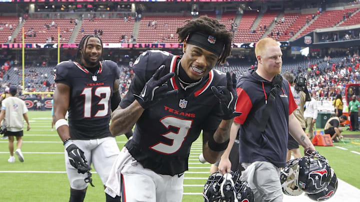 Oct 27, 2024; Houston, Texas, USA; Houston Texans wide receiver Tank Dell (3) runs off the field after the game against the Indianapolis Colts at NRG Stadium. Mandatory Credit: Troy Taormina-Imagn Images
