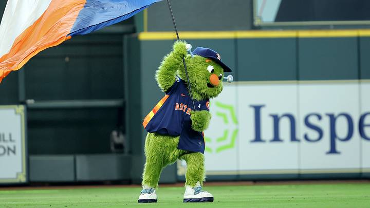 Jun 21, 2026; Houston, Texas, USA; Houston Astros mascot Orbit performs in the outfield after the final out against the Cleveland Guardians during the ninth inning at Daikin Park. Mandatory Credit: Erik Williams-Imagn Images