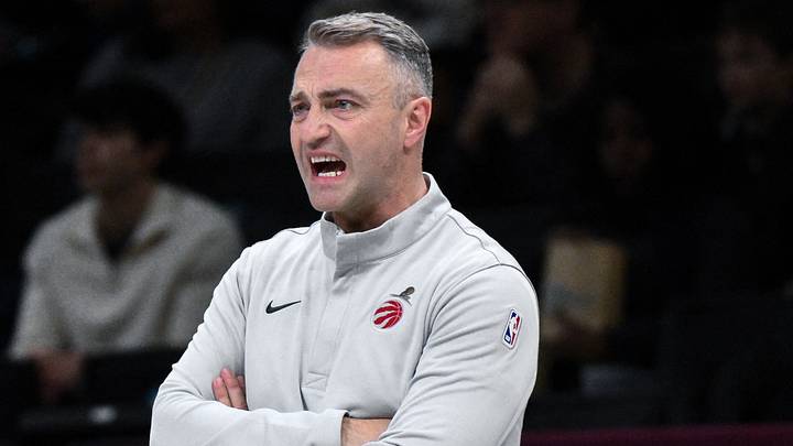 Dec 21, 2025; Toronto Raptors Head Coach Darko Rajakovic reacts during the first half against the Brooklyn Nets at Barclays Center. Mandatory Credit: John Jones-Imagn Images