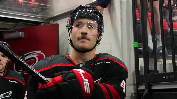 Nov 28, 2025; Raleigh, North Carolina, USA;  Carolina Hurricanes center Justin Robidas (46) comes out of the locker room before the start of the warmups Winnipeg Jets at Lenovo Center. Mandatory Credit: James Guillory-Imagn Images
