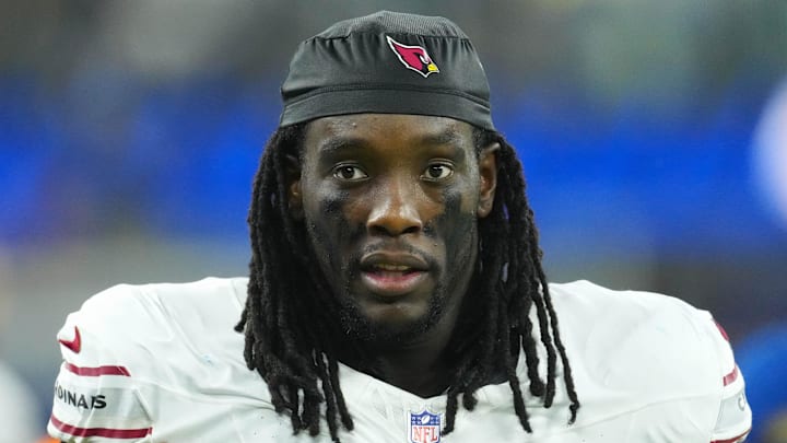 Dec 28, 2024; Inglewood, California, USA; Arizona Cardinals defensive end Darius Robinson (56) reacts against the Los Angeles Rams in the second half at SoFi Stadium. Mandatory Credit: Kirby Lee-Imagn Images