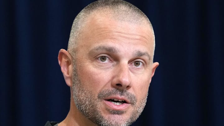 Feb 24, 2026; Indianapolis, IN, USA; Las Vegas Raiders general manager John Spytek speaks at the NFL Scouting Combine at the Indiana Convention Center. Mandatory Credit: Kirby Lee-Imagn Images Feb 24, 2026; Indianapolis, IN, USA; Las Vegas Raiders general manager John Spytek speaks at the NFL Scouting Combine at the Indiana Convention Center. Mandatory Credit: Kirby Lee-Imagn Images