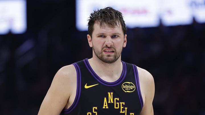 Apr 2, 2026; Oklahoma City, Oklahoma, USA; Los Angeles Lakers guard Luka Doncic (77) reacts after a play against the Oklahoma City Thunder during the second half at Paycom Center. Mandatory Credit: Alonzo Adams-Imagn Images