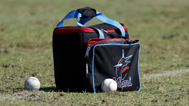 Feb 21, 2023; Jupiter, FL, USA; A detail view of a Miami Marlins equipment bag on the field during workouts at the Marlins practice facility. Mandatory Credit: Rhona Wise-Imagn Images